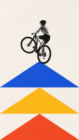 Contemporary art collage. Biker ascending layered triangle peaks. Endurance challenge. Road to summit. Artwork in Bauhaus style. Concept of sport, determination, discipline and motion.の写真素材