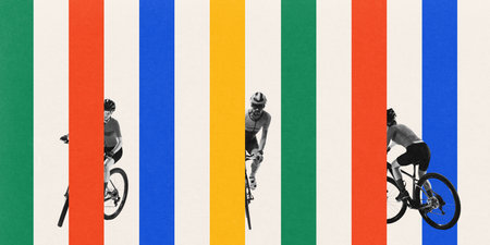 Composite image. Cyclists riding behind vertical color stripes. Coordination and rhythm. Visual pace of group ride. Artwork in Bauhaus style. Concept of sport, motion, pattern and sync.の写真素材