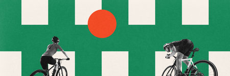 Banner. Contemporary collage. Two cyclists racing on graphic grid with red sun. Tension of competition. Strength meets focus. Bauhaus style design. Concept of sport, duel, rhythm and geometry.の写真素材