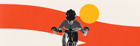 Banner. Contemporary art collage. Female cyclist riding through bold orange wave. Focus and drive. Flow and power. Artwork in Bauhaus style. Concept of extreme sport, energy, speed and control.の写真素材