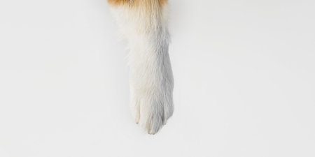 Corgi front paw against white surface in minimal composition. Close-up of one dog paw. Concept of dog hygiene, grooming details, veterinary checkup, paw care, cleanliness, healthy pet lifestyle.の写真素材