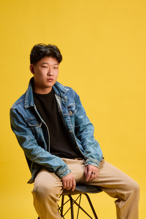 Stylish young man sitting on chair in denim jacket and beige pants with confident gaze. Concept of fashion, self-expression, internet persona, creative business, modern identity, casual lifestyle.の写真素材