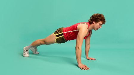 Man holding full plank position on floor, maintaining strong posture and straight back against mint...