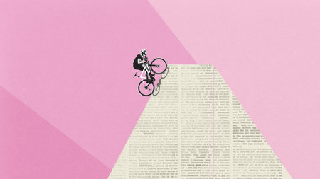 Modern conceptual collage. Cyclist reaching graphic mountain peak. Quiet triumph. Monochrome design. Sport tension. Clear goal. Concept of victory, personal effort, minimalism, disciplineの写真素材