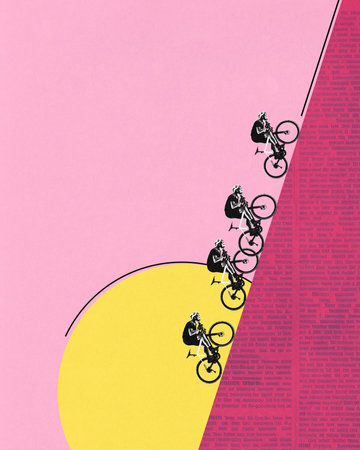 Contemporary art collage. Cyclist repeating motion on steep incline with yellow sun and digital pink...