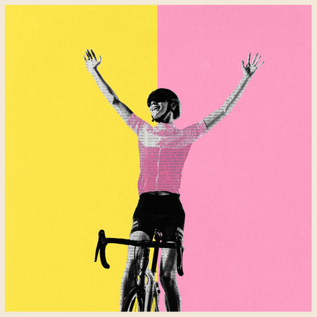 Conceptual art collage. Cyclist celebrating with wide arms against pink and yellow background. Strong finish. Champion energy. Concept of sport, tournament, triumph, success, celebration.の写真素材