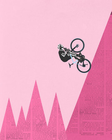 Modern collage artwork. Cyclist flying upward across angular pink mountains and digital textures. Solo performance. Bold move. Concept of sport, risk, power, racing spirit, determination.の写真素材