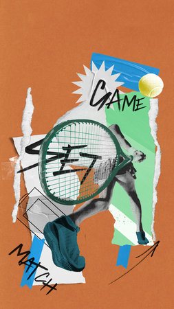 Poster. Contemporary art collage. Explosive forehand swing framed by bold words game set match and geometric layers. Concept of professional sport, game, match, tournament, energy, competition.の写真素材