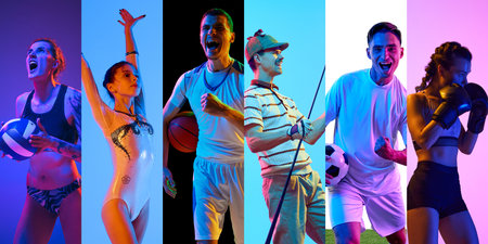Collage. Kids and adults performing dynamic sport movements in studio with vibrant neon lights. Concept of professional sport, action and motion, training, performance, competition, youth energy.の写真素材