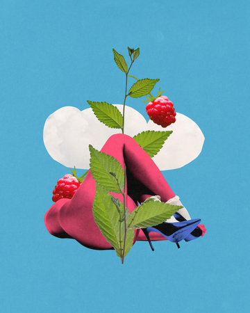 Poster. Contemporary art collage. Female body in high heels wrapped in raspberry bush. Concept of...