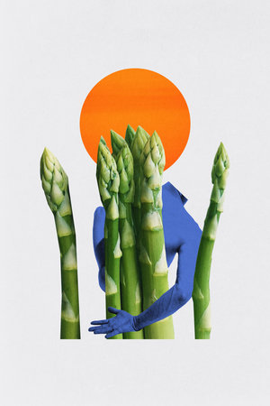 Poster. Contemporary art collage. Blue body hugging bundle of asparagus under orange sun. Concept of healthy lifestyle, natural energy, vitamins, food, plant power, growth, summer, wellness.の写真素材