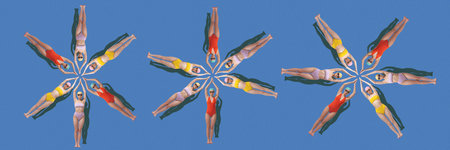 Contemporary collage. Illusion of kaleidoscopic rotations of swimmers in red, yellow and purple suits across vivid blue canvas. Concept of summer, vacation, holidays, sport, fashion and style.の写真素材