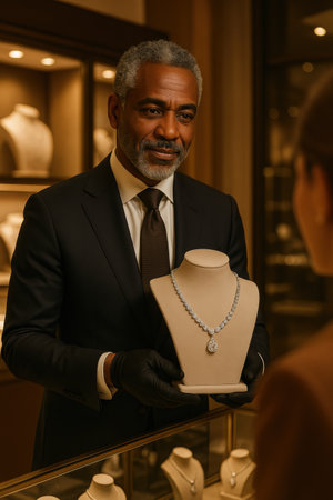 Elegant man in dark suit offers diamond necklace on bust stand to female customer in jewelry store with soft lighting and velvet display cases. Concept of business, brand, luxury, glamour.の素材