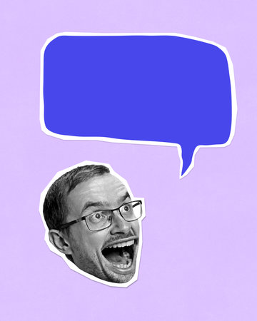 Contemporary pop art collage. Excited man with glasses under bold blue speech bubble on violet...