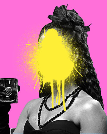 Art collage. Power. Woman in pearls with drink and gloves, yellow paint over face showing stylish...