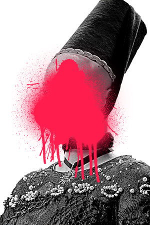 Contemporary collage. Person in tall black hat and beaded clothes, red paint over face showing lost voice and broken identity. Concept of challenge, protest, psychology, social issues, beauty.の写真素材