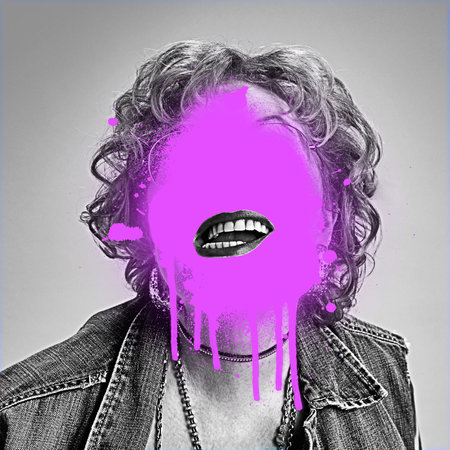 Contemporary portrait. Person in denim jacket smiling, pink paint over face showing mixed emotion...