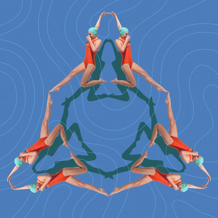 Conceptual design. Red swimsuit swimmers in triangle formation with mirrored shadow outlines forming surreal diving illusion. Concept of summer, vacation, holidays, sport, fashion and style.の写真素材
