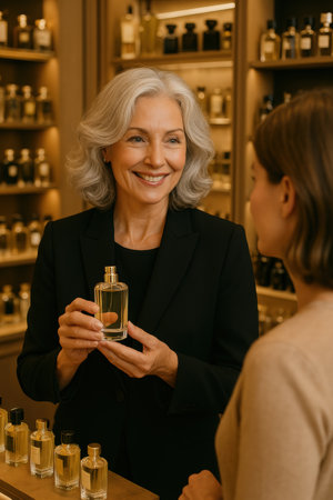 Smiling mature woman with gray hair, wearing black blazer, presents perfume bottle to another person, customer in perfume shop. Concept of beauty boutique, perfumery brand, advertisement.の素材