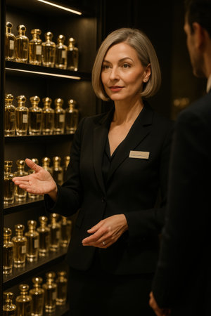 Elegant, smiling woman, dressed black blazer, presenting brand perfumes on shelves filled with bottles, to customer. Concept of beauty boutique, perfumery brand, advertisement.の素材