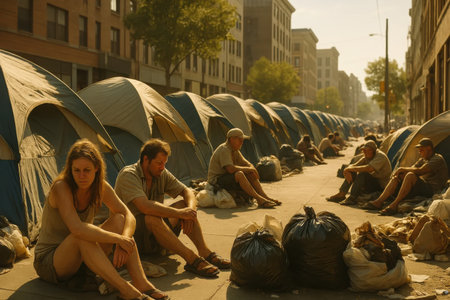 Tents lining a city street, with people sitting forlornly, capturing the themes of economic crisis, homelessness, and social challenges. Concept of social problems, crisis, unemployment, stress. Adの素材
