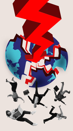 Creative collage. Massive red arrows burst from globe as professionals fall, depicting global...