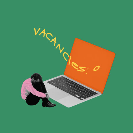 Contemporary art collage. Sad employee sits by orange laptop screen showing zero vacancies,...