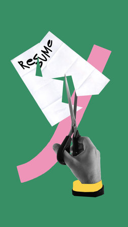 Contemporary artwork. Hand with scissors cuts paper resume on green background, symbolizing job market rejection. Concept of crisis, depression, jobloss, hardship, human resources, recruitmentの写真素材