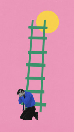 Conceptual collage. Man kneels in despair under unreachable green ladder on pink background, showing crushed ambition during career stagnation. Financial crisis, depression, jobloss, hardship conceptの写真素材