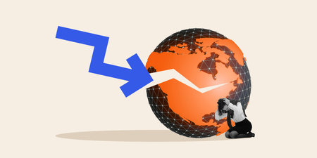 Contemporary collage. Woman crushed under giant globe and downward arrow, symbolizing emotional...