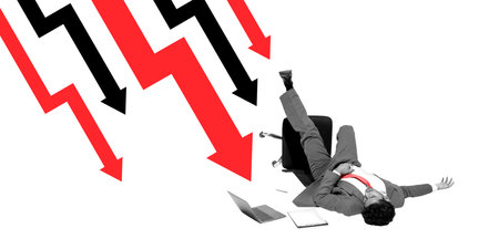 Creative art design. Man falls off office chair surrounded by crashing arrows showing helplessness in face of financial collapse. Concept of economic, financial crisis and depression, instability.の写真素材
