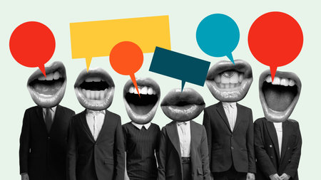 Voices in Suits. Conceptual art collage. Group of suited figures with oversized mouths and speech bubbles symbolizing overwhelming noise of media. Concept of communication, propaganda, journalism.の写真素材