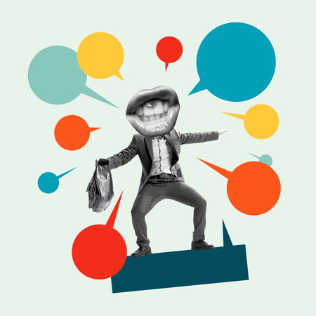 Creative art collage. Proclamation Pose. Man with wide mouth surrounded by speech symbols strikes open pose conveying message power. Concept of communication, propaganda, opinion, journalism.の写真素材