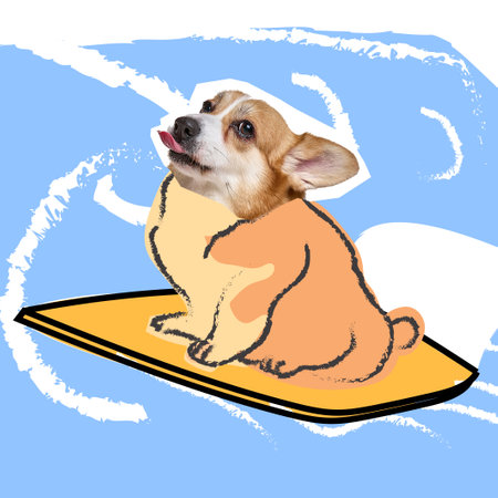 Humorous collage. Little pet with drawn body, surfing on surreal ocean waves with funny expression....