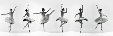 Minimalist black and white collage of ballerinas in dynamic movement and expressive poses. against neutral background. Concept of ballet, aesthetic, movement, dance, style, contrast.の写真素材