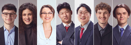 Business Portrait Collage. Group of young professionals smiling in business attire symbolizing teamwork, confidence, personal style and career goals. Concept of business, human resources, leadership.の写真素材