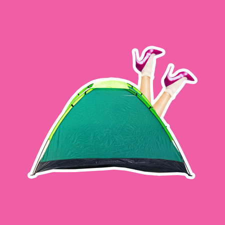 Composite modern artwork. Woman legs in pink heels popping from camping tent over pink background. Sticker. Magazine style. Concept of abstract vacation and humor, trend, summer mood.の写真素材