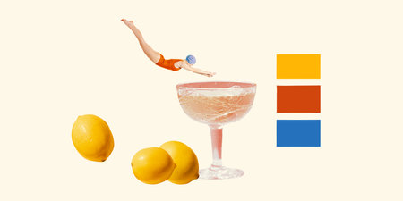 Pop art style collage. Female diver in orange swimsuit jumps into cocktail glass next to lemons and color blocks. Concept of citrus vibe, composition, color, summer, visual design, retro elegance.の写真素材