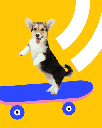 Poster. Conceptual collage. Corgi rides skateboard with tongue out on yellow background in cheerful motion and expressive joy. Concept of domestic animals, veterinary, grooming, pets care, love.の写真素材