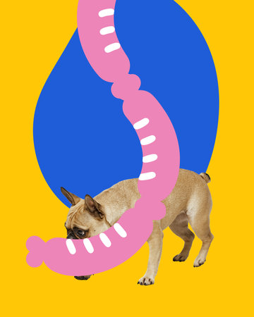 Contemporary artwork. Dog walks under pink sausage on yellow background with blue shape behind creating food-centered visual humor. Concept of domestic animals, veterinary, grooming, pets care, love.の写真素材