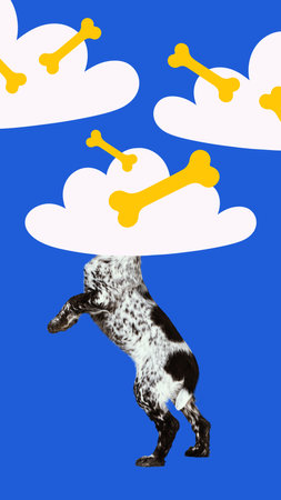 Poster. Conceptual art collage. Dog stands upright with head inside white cartoon cloud where yellow bones float in sky. Concept of domestic animals, veterinary, grooming, pets care, love.の写真素材