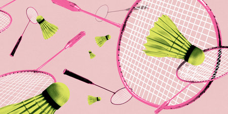 Poster. Contemporary art collage. Dynamic layout with pink badminton rackets and green shuttlecocks over pastel background. Vibrant pop art style. Concept of sport events, games, championship.の写真素材