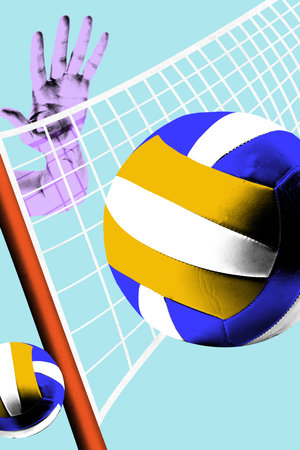 Poster. Conceptual art collage. Close-up of volleyball spike at net with purple hand and blue background. Vibrant pop art style. Concept of sport events, fitness, games, championship. Adの写真素材