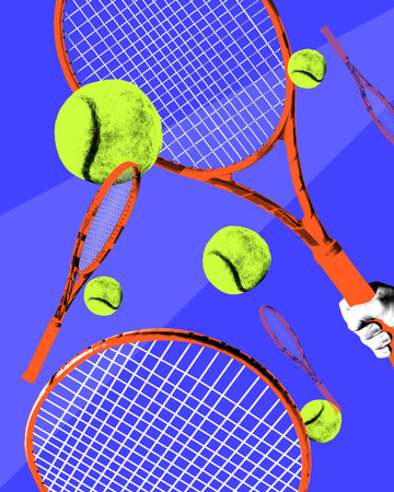 Poster. Vibrant conceptual artwork. Red tennis rackets and neon balls in movement against blue background. Bold pop art colors and style. Concept of sport events, games, championship. Adの写真素材