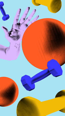 Contemporary composite image. Training balls dumbbells and hand floating against bright blue background. Vibrant pop art style with textured filter. Concept of sport events games championship.の写真素材