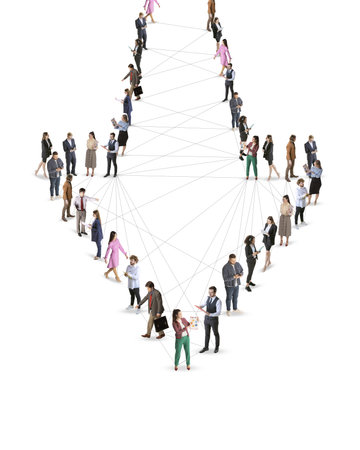 Conceptual artwork. People form arrow shape tied by thin threads representing economic structure collapsing from top. Concept of economic depression, finance, crisis, statistic. Adの写真素材