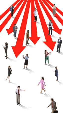Contemporary art collage. Multiple giant red arrows fall through group of professionals symbolizing pressure of financial crisis and collapsing economy. Concept of economic, finance, money, crisis.の写真素材