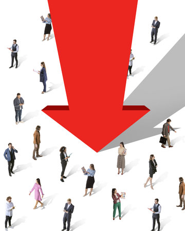 Contemporary composite image. Crowd surrounded by massive red downward arrow symbolizing unstoppable...