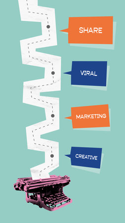 Contemporary art collage. Zigzag paper path from typewriter marked with SHARE VIRAL MARKETING CREATIVE shows journey of content from idea to impact. Concept of marketing, digital campaignの写真素材
