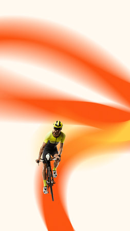 Poster. Contemporary art collage. Male cyclist in yellow rides forward surrounded by sweeping orange...